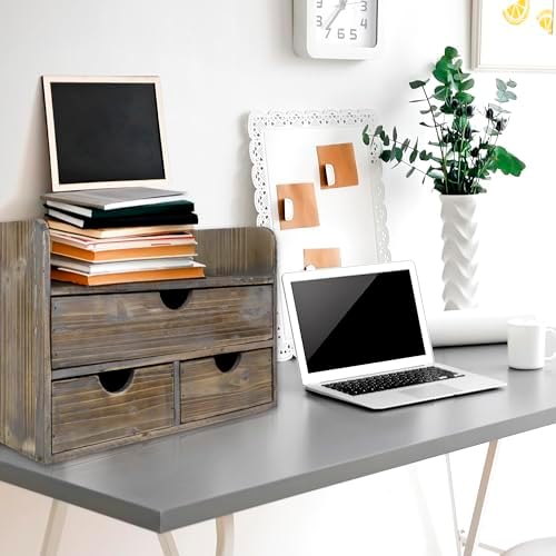 Besti Wooden Office Desk Organizer - Organizing Tool for Desktop, Cubicle, Bedroom, Kitchen - Vintage Style Organization Caddy with Top Tray Shelf & 3 Drawers - 13.6x9x7 Inches (Rustic) - Image 6