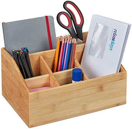 Relaxdays Desk Organiser, Bamboo, 6 Compartments, Pen Holder, Office and Home, Table Organiser HBT 14 x 28 x 20 cm, Natural by Relaxdays