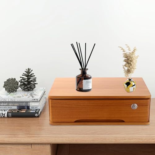 1-Tier Desktop Storage Box with Lockable Drawer, Wooden Desk Organizer for Office Supplies, Flat File Cabinet, Minimalist Design for Home & Office Use(Wooden+Yellow) - Image 4
