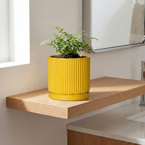 6 Inch Pots for Plants, Ceramic Planters with Saucer, Yellow - Image 3