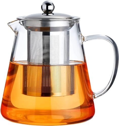PARACITY Glass Teapot Stovetop 44 OZ, Borosilicate Clear Tea Kettle with Removable 18/8 Stainless Steel Infuser, Teapot Blooming and Loose Leaf Tea Maker Tea Brewer for Camping, Travel (1300ml) by PARACITY