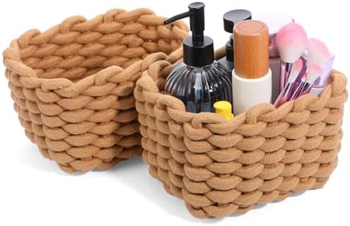2 Pack Small Cotton Rope Basket – Handwoven Brown Storage Bins for Vanity, Desk, Bedroom & Bathroom – Durable Woven Organizer for Makeup, Jewelry & Essentials, 7.09 x 5.51 x 5.12 inches by Unknown