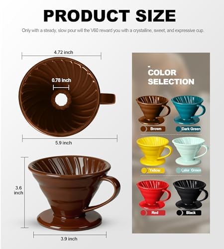 Pour Over Coffee Dripper - Ceramic Cup, Pour Over Coffee Maker Cone, Porcelain Cone, Easy Manual Brew Maker - Strong Flavor Brewer for Home, Cafe, Office - 1-4Cup, V60 Size 02 (Brown) - Image 5