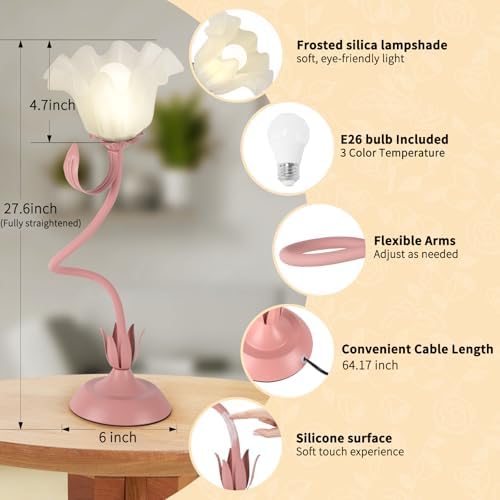 Cute Flower Desk Lamp, 3 Color Temperature Table Lamps with LED Bulb, Vintage Bedside Lamp, Reading Lamps with Soft Light for Bedroom, Living Room（Pink） - Image 4