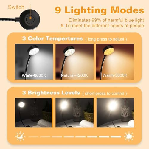 KTEBO Rechargeable Book Light for Reading in Bed, Eye Caring Book Reading Lamp with 10 LED Modes, 1.3 oz Lightweight Portable Clip on Light, 360 Adjustable Clamp Light Perfect for Readers - Image 3