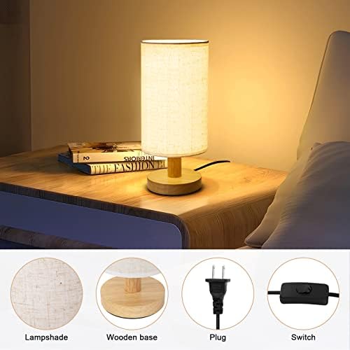 Small Bedside Table Lamp for Bedroom, Minimalist Wood Base & Round Fabric Shade, Mini Cute Cozy Warm White Nightstand Boho Lamp, Study Desk Night Stand Light for Room, Dorm, Nursery, Living Room - Image 4