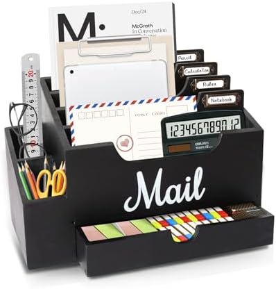 Wood Mail Organizer Countertop, with 6 Compartments and Drawer by Niciksty
