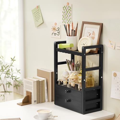 AmazerBath Bamboo Bathroom Counter Organizer, 2-Tier Makeup Organizer with 2 Drawers, Vanity Organizer Storage Coffee Matcha Station, Compact Shelf for Bathroom Kitchen Office Countertop, Black - Image 2