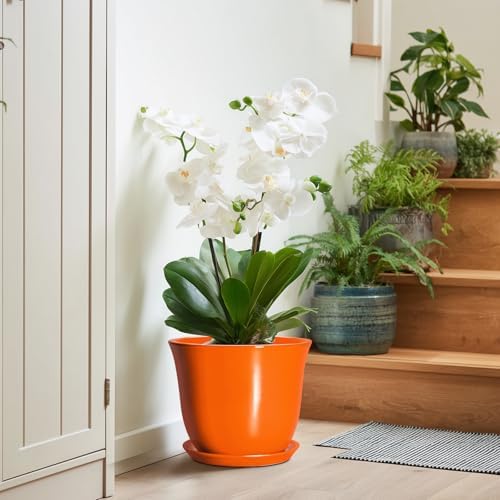 10 Inch Plant Pot - Ceramic Pots for Plants with Drainage Hole and Saucer, Round Planters for Indoor Outdoor Plants, Modern Decorative Planters, Room Home Decor, Gardening Gifts, Orange - Image 6
