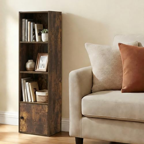 Furinno LUDER Book Shelf, 4-Tier Bookshelf with Open Shelf, Standing Bookcase with 1 Door Cabinet, 9.3 x 12 x 41.8, for Organization and Storage, for Living Room, Bedroom, Home Office, Amber Pine - Image 5