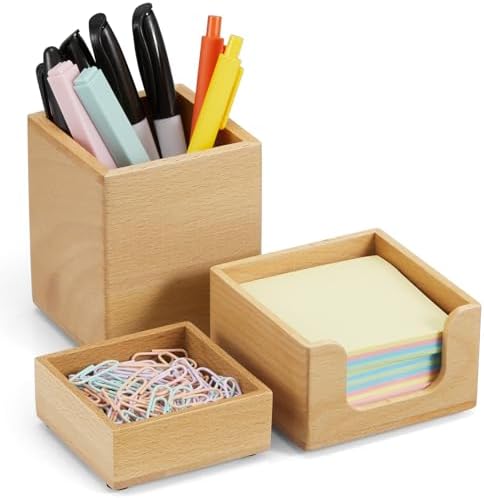 Desk Organizer Set of 3 - Wood Office Desk Accessories - Desk Organizers and Accessories for Women Men - Set incl. Pencil Pen Holder, Paperclip Storage and Sticky Note Holder by Unknown