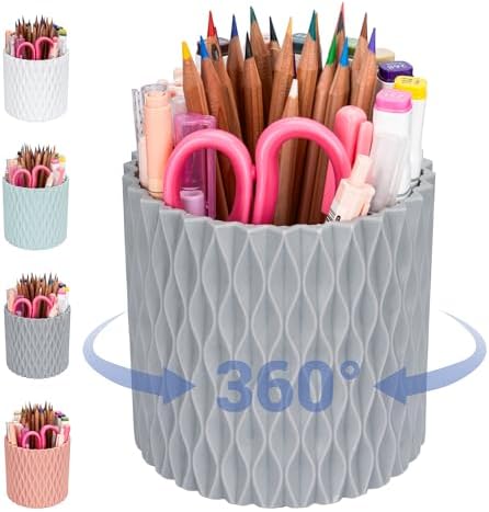 Pencil Holder - 360° Rotation, 5 Slot Desk Supplies For Women Office Aesthetic. Pencil Holder For Office&School, Desk Accessories(Grey) by 4Johor
