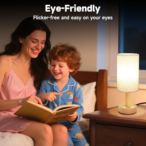 Small Bedside Table Lamp with AC Outlet,Natural Round Wood Base&Fabric Linen Shade,Cozy Night Table Light for Study Reading,Minimalist Boho Desk Lamp for Nightstand,Living Room,Nursery,Kitchen,Dorm - Image 4
