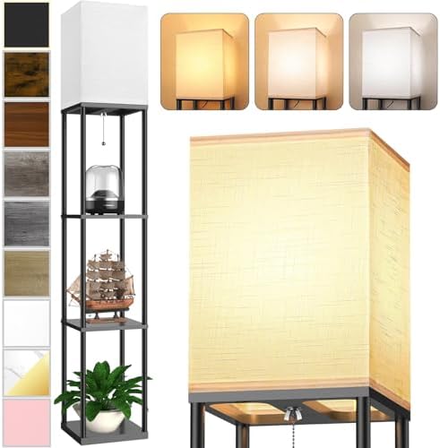 Floor Lamp with Shelves for Living Room, Shelf Floor Lamp with 3 CCT LED Bulb, Corner Display Standing Column Lamp Etagere Organizer Tower Nightstand with White Linen Shade for Bedroom, Office by PARTPHONER