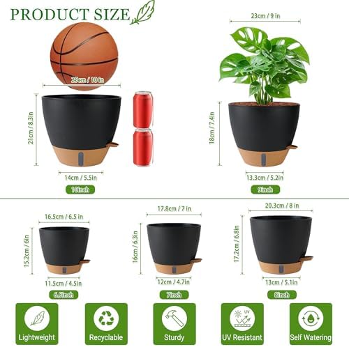 Self Watering Pots for Inoor Ourdoor Plants 10/9/8/7/6.5" Plastic Planters - Image 3
