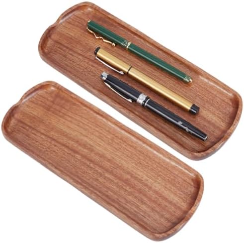 PLIGREAT 2 Pcs Wood Pen Tray, Oval Wooden Desk Pen Organizer Holder Minimalist Writing Instrument Rest Tea Coffee Table Tray for Office Stationery Desk Decor, 9.8x3.7x0.5Inch by PLIGREAT