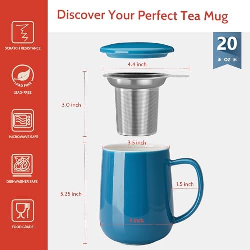 Sweese Porcelain Teacup with Infuser and Lid, 20oz, Steel Blue, Microwave Safe, Reusable - Image 2
