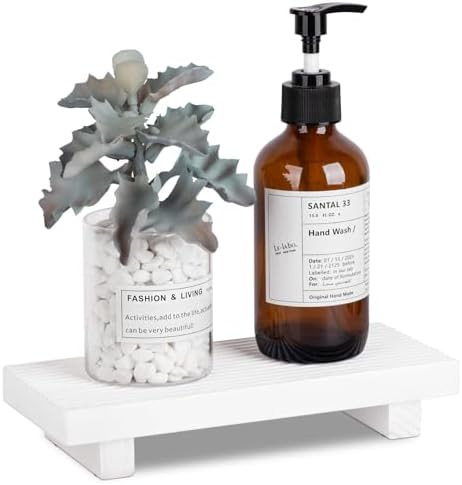 Bathroom Sink Tray Wood Riser Display Kitchen Decor Soap Holder, White by zoocatia