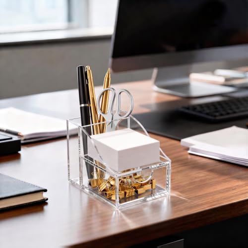 HBlife Acrylic Pen Holder for Desk, 3-Compartment Small Desk Organizer with Drawer, Clear Office Supplies Desk Accessories with Sticky Notes Holder Stores Post It Notes 3X3 for Office, Home and School - Image 6