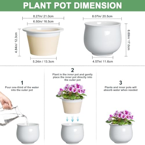 Ceramic African Violet Pot, 8 Inch Self Watering Planter, White - Image 2