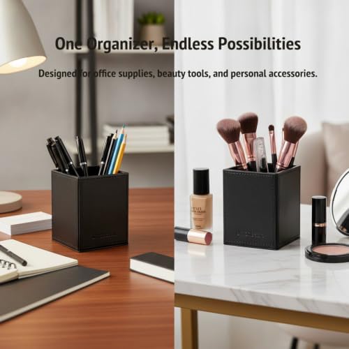 UnionBasic Square Pen Holder, Leather Pencil Cup, Desktop Caddy Stationery Organizer, Black - Image 2
