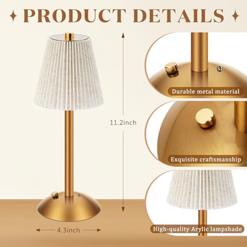 Liliful 2 Pcs Cordless Table Lamp LED Touch, Gold, Linen Fabric - Image 2