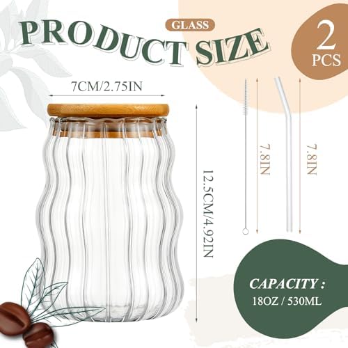 Domensi 2 Pcs 18 oz Creative Glass Cups with Lids and Straws Wave Shape Cute Drinking Tumblers Ribbed Cups Vintage Ripple Glassware for Cocktail Juice Iced Coffee Tea Soda Milk - Image 2