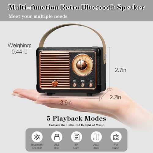 Retro Bluetooth Speaker, Vintage Decor, Wireless Portable Mini Bluetooth Speaker, Small Cute Old Fashion Style for Kitchen Desk Bedroom Home Office Party Outdoor Gift (Black) - Image 5