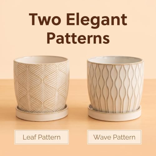 Nihow Ceramic Plant Pots - 4.75 Inch Planters for Indoor Plants,Embossed Flower Pots with Drainage Hole & Saucer,Small Pots for Succulent,Cactus,Little Snake,Set of 2,White -2 - Image 4
