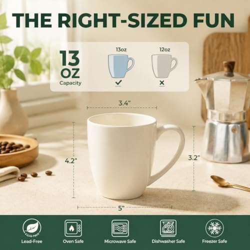 White Porcelain Coffee Mugs Set of 6, 13 Ounce Coffee Cups with Handle, Ceramic Tea Mugs for Latte, Hot Tea, Cappuccino, Mocha, Cocoa, Mug Gift Set, Dishwasher and Microwave Safe - Image 3