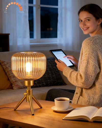 Lightdot Tripod Glass Table Lamp with Brown Striped Glass Shade by LightdotLighting