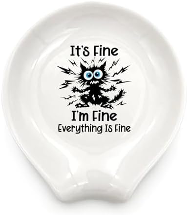 LRUIOMVE I'm Fine Cat Spoon Rest, Funny Ceramic Coffee Spoon Holder for Kitchen and Coffee Bar, Cute Small Spoon Rest for Cat Lovers, Friends, Family Birthday Christmas Gift by LRUIOMVE