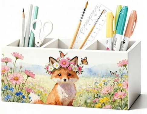 Fox Pen Pencil Holder for Desk Accessories, Fox Gifts for Women, Animal Lovers Gifts, Rustic Butterfly Flower Wild Animal Wooden Box Sign Decorations for Kids Room Home Office Desk Tabletop by Unknown