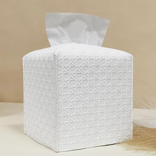 HOMOTEK 1 Pack Tissue Box Cover, Square PU Leather Tissue Holder, Decorative Facial Tissue Cube Paper Organizer Dispenser for Bathroom, Night Stands, Desk, Car 5X5X5'' - Rattan Weave, Pure White by HOMOTEK