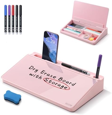 SELEAD Desktop Glass Whiteboard with Storage, 5 Markers and 1 Eraser, Pink by SELEAD