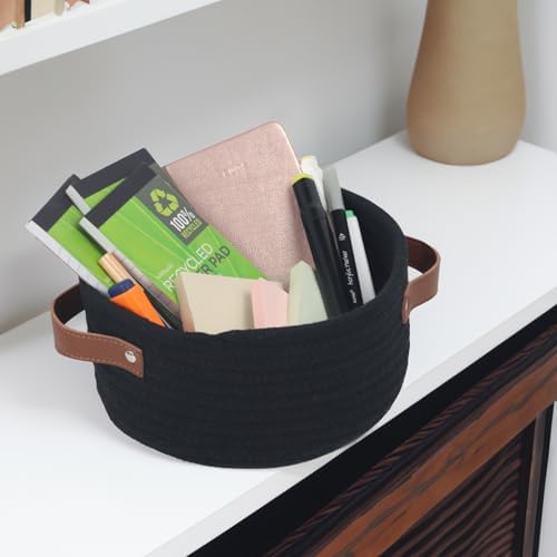 Small Woven Cotton Rope Basket with Leather Handle, Black - Image 7