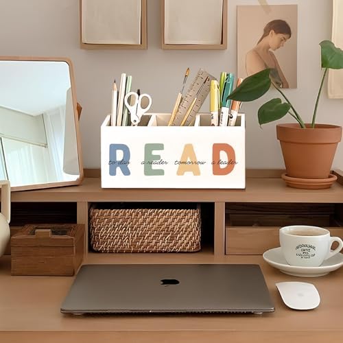 Book Lovers Gifts Pen Holder, Book Reader Gifts Pencil Holder for Desk, Boho Read Today a Reader Tomorrow a Leader Wooden Box Sign Decorations for Reading Room Classroom Desk Tabletop - Image 3