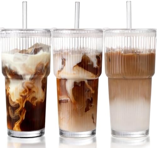 3 Pack Ribbed Glass Tumbler with Straw and Lid: Leak Proof Glass Cups with Lids and Straws - Coffee Bar Accessories - To Go Iced Coffee Cups with Lids - Tumbler Leak Proof Iced Coffee Cups with Lids by DWTSDANWEITESI