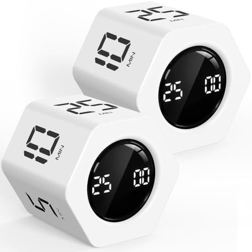 Rotating Productivity Timer 5, 25, 10 30,60 Mins Preset Stopwatch, Desk Flip ProductivityTimer, ADHD Tool Hexagon, Vibration/Mute/Alarm, for Work, Study, Back to School, Kitchen, 2 Pack White by OORAII
