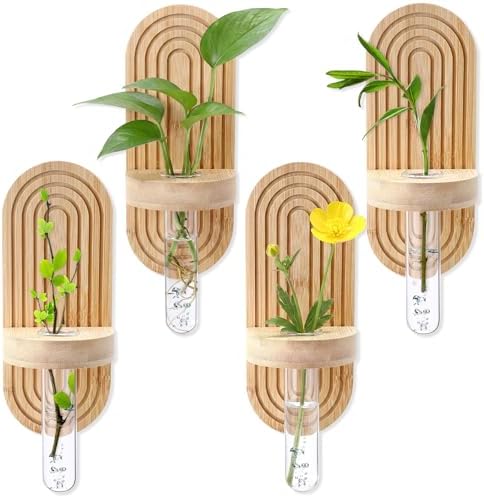 Beeveer 4 Sets Hanging Plant Propagation Stations Bamboo Wood Wall Mounted Test Tube Vase Rustic Decorative Glass Planter Holder Gift for Women Plant Lover Hydroponic Flowers Home and Office Decor by Beeveer