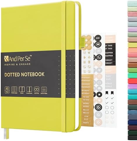 &And Per Se Dotted Journal Notebook, A5 Hardcover Leather Dotted Journal, 160 Pages 100gsm Thick Dot Grid Paper, 3 Sheets of Stickers Included - 5.7'' x 8'' (Emerald) by AndPerSe