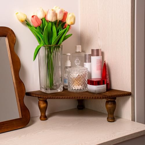 OKSQW Wood Corner Counter Shelf Framehouse Decorative Tray Stand for Kitchen Bathroom Riser Organizer Coffee Bar Display Shelf with Detachable Legs (LightBrown) - Image 6