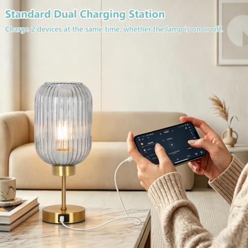 LAMSU Grey Glass Table Lamp for Bedroom with Bulb, Small Beside Lamp with USB Ports, 3 Way Dimmable Desk Lamp, Vintage Modern Nightstand Lamp for Living Room, Office, Ambient Mood Lighting - Image 6