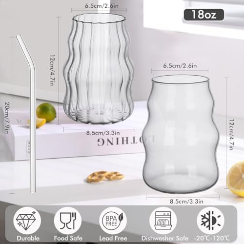 Ribbed Glass Cups Set of 4: 18OZ Vintage Aesthetic Iced Coffee Glasses with Straws, Cute Drinking Glasses with Wave Shape Design, Matcha Glass Cup Bubble Cups for Juice, Tea, Beverage, Gift - Image 2