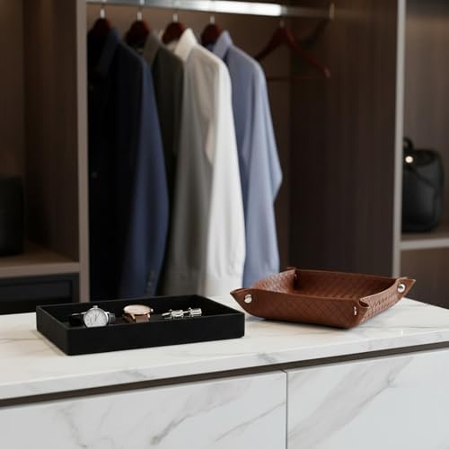 UnionBasic Small Valet Tray, Jewelry Tray for Rings Watches Earrings, Entryway Catchall Caddy for Coins Keys Change, Nightstand Bedside Valet Holder, Trays for Electronic Gadgets, Woven Leather Brown - Image 5