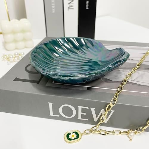 Seashell Trinket Tray, Ceramic Ring Holder Dish for Earrings Necklace, Shell Jewelry Dish Tray, Ocean Room Decor, Birthday Mother's Day Christmas Gift for Women, 3.9", Deep Teal Iridescent Surface - Image 4