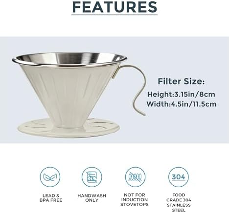 AGOGO Stainless Steel V60 Coffee Dripper & 50 Paper Filters, Cream - Image 6