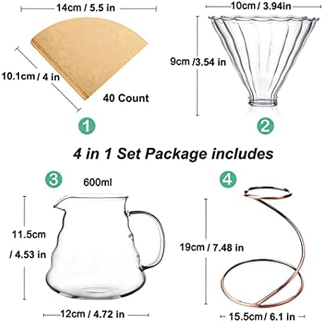 Pour Over Coffee Maker Set - Glass Dripper, Metal Stand, 600ml Heat-Resistant Server, 40 Filters - 4 in 1 for Home or Office (Bronze) - Image 2