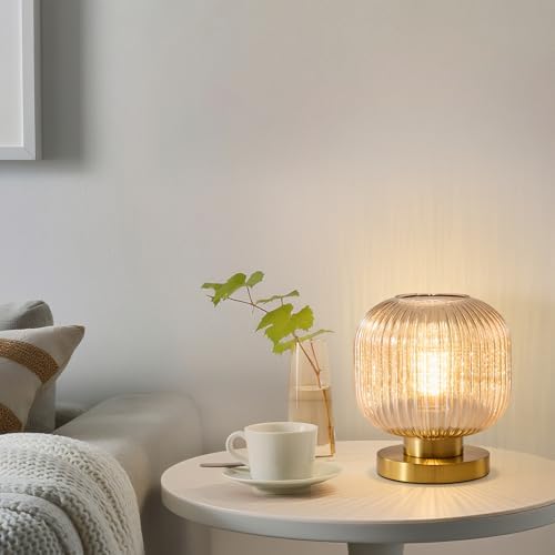 Amber Glass Table Lamp,Vintage Gold Base Ribbed Bedside Lamp - Image 6