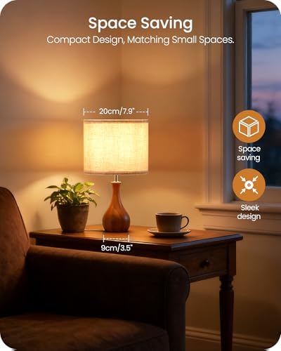 Small Table Lamp, 14.2" Wood Bedside Lamp, Little Cute Desk Lamp with Dark Wood Bottle-Shaped Base & Beige Linen Lampshade, Nightstand Lamp for Bedroom, Small Space, E26 Socket, LE09TL05 - Image 2